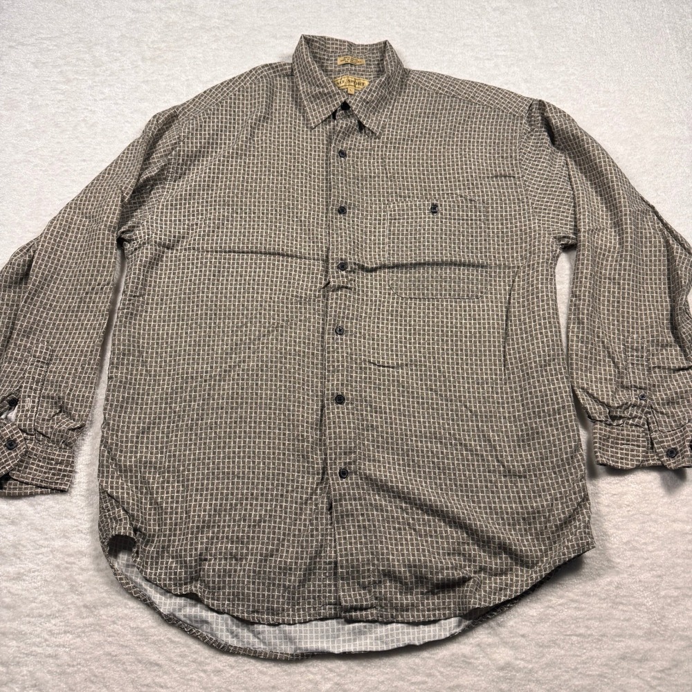 ME Sport Mens Large Rayon‎ Button Down Shirt Long Sleeve Geometric Grid Brown L